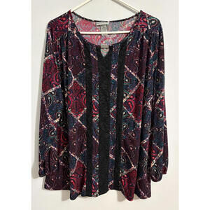 Catherines Top Women 0X 14/16W Paisley Boho Lace Panel Liquid Knit Stretch Tunic